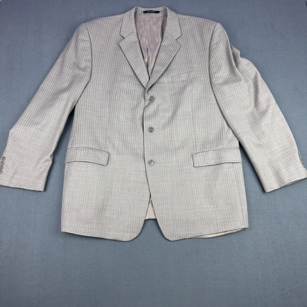 Calvin Klein Taupe Pinstripe Wool Blazer 48R Made Canada Sport Coat Jacket
